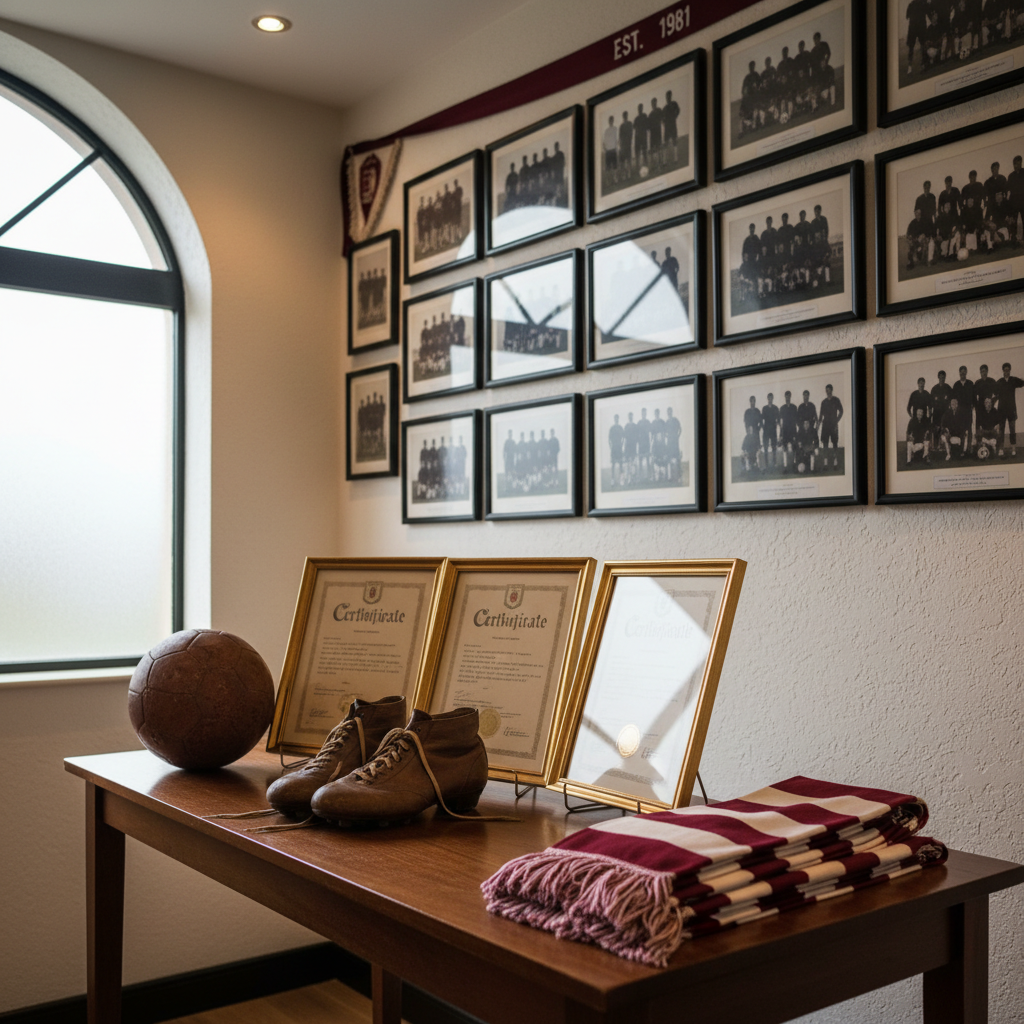 A historical display table set up inside a small, professional clubhouse, showcasing the legacy of a community soccer club. Carefully arranged on a dark wooden table are vintage leather soccer boots, an older style stitched ball, a few framed but unreadable certificates, and several maroon-and-white scarves folded with care. Behind the table, a neutral wall holds an array of framed team photo silhouettes with faces subtly indistinct, honoring decades of adult players without showing individuals. Warm, diffused indoor lighting from overhead fixtures and a nearby window creates a cozy yet serious atmosphere. The photographic, eye-level composition focuses on the artifacts in the foreground, with a gentle depth of field that suggests club history, tradition, and a long-standing non-profit mission supporting soccer since 1981.