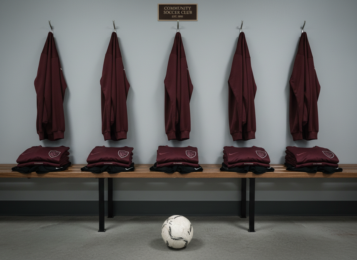 An organized row of neatly folded, deep-maroon soccer jerseys and matching black shorts laid out on a clean wooden bench inside a modest but professional locker room. Each kit features a simple, elegant abstract crest shape where a club logo would go, and a small, subtle tag area where a non-profit identifier like “EIN 39-3598664” could be visually suggested without readable text. Above the bench, metal hooks hold matching training jackets, and a single, well-used match ball sits on the floor. Cool, even overhead lighting creates minimal shadows, emphasizing cleanliness and order. Shot at eye level with sharp focus, the photographic image exudes reliability and history, hinting at a club supporting community soccer since 1981 through generations of adult teams.